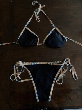 Black Triangle Bikini with Plaid Trim